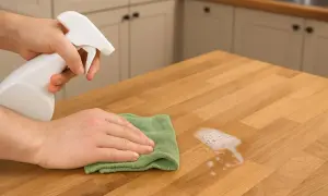 Czyszczenie mebli kuchennych z płyty MDF: ręka spryskuje blat płynem, a druga wyciera go ściereczką.