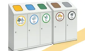 Nowoczesny śmietnik kuchenny z podziałem na frakcje: metal/plastik, papier, szkło, organiczne i pozostałe. Ułatwia segregację odpadów.