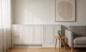 Elegancka zabudowa meblowa to świetny sposób, jak zamaskować rury na ścianie. Minimalistyczny design, jasne kolory i subtelne detale tworzą przytulne wnętrze.