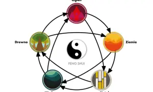 Cykl pięciu elementów: Drewno, Ogień, Ziemia, Metal, Woda. Diagram pokazuje, czego nie lubi feng shui, czyli jak elementy wzajemnie się niszczą.