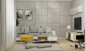 Jasny salon z szarą sofą i żółtym pufem. Jak ocieplić szary salon? Dodaj kolorowe akcenty, jak ten puf, i przytulne tekstylia.