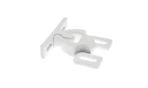 Biały, plastikowy mini latch z dwoma otworami, idealny do drobnych mocowań.