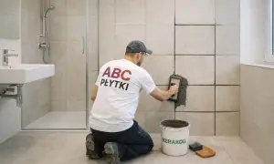 Fachowiec nakłada fugę na płytki w łazience. Zastanawiasz się, po jakim czasie zmywać fugę? Ten obraz pokazuje początek pracy.