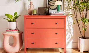 Pomarańczowa komoda z szufladami, inspiracja jak pomalować meble z ikei. Obok wazon, radio, książki i lampka.