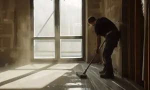 Mężczyzna w masce myje podłogę po remoncie. Kurz unosi się w powietrzu, pokazując jak odkurzyć ściany po remoncie.