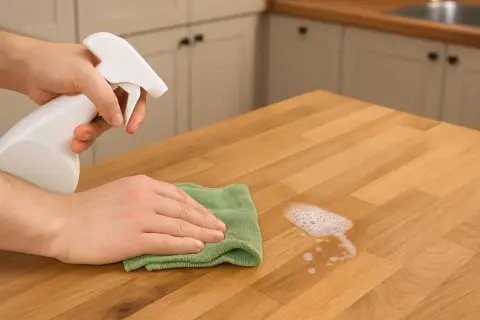 Czyszczenie mebli kuchennych z płyty MDF: ręka spryskuje blat płynem, a druga wyciera go ściereczką.