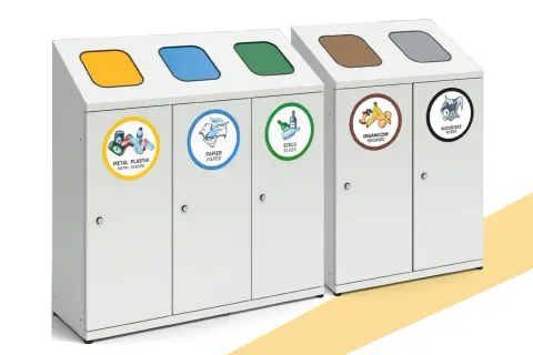 Nowoczesny śmietnik kuchenny z podziałem na frakcje: metal/plastik, papier, szkło, organiczne i pozostałe. Ułatwia segregację odpadów.
