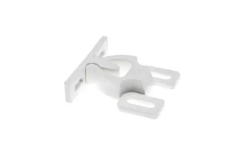 Biały, plastikowy mini latch z dwoma otworami, idealny do drobnych mocowań.