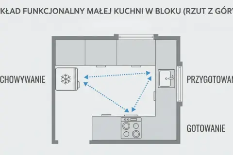 Schemat małej kuchni z podziałem na strefy: przechowywanie (lodówka), przygotowanie (zlew) i gotowanie (kuchenka). Optymalne rozwiązania w kuchni.
