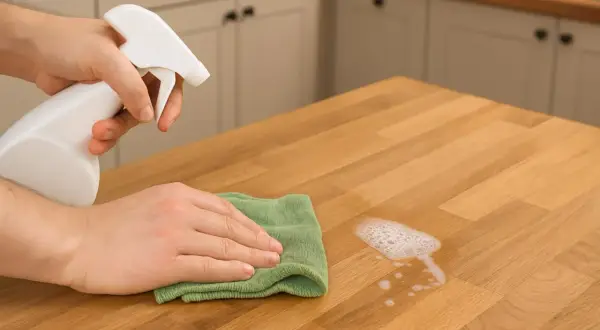 Czyszczenie mebli kuchennych z płyty MDF: ręka spryskuje blat płynem, a druga wyciera go ściereczką.
