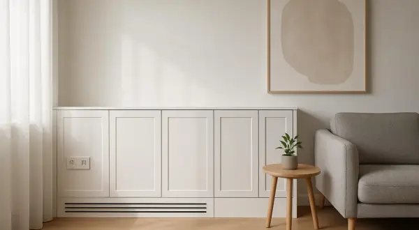 Elegancka zabudowa meblowa to świetny sposób, jak zamaskować rury na ścianie. Minimalistyczny design, jasne kolory i subtelne detale tworzą przytulne wnętrze.
