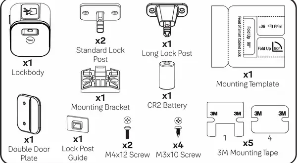 Ilustracja przedstawia zestaw akcesoriów do montażu zatrzasku push lock: korpus zamka, słupki, baterię, szablon, płytkę, prowadnicę, śruby i taśmę montażową.