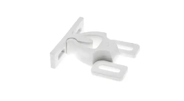 Biały, plastikowy mini latch z dwoma otworami, idealny do drobnych mocowań.