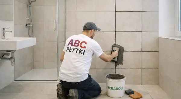 Fachowiec nakłada fugę na płytki w łazience. Zastanawiasz się, po jakim czasie zmywać fugę? Ten obraz pokazuje początek pracy.