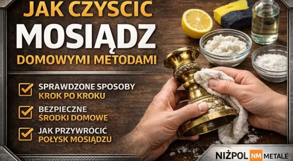Czyszczenie mosiądzu domowymi metodami. Dłonie polerują ozdobny świecznik, używając ściereczki i domowych środków.