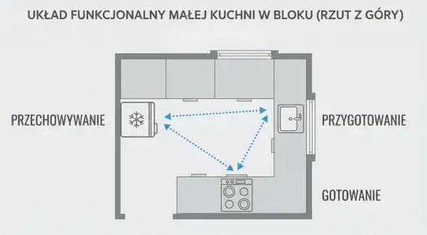 Schemat małej kuchni z podziałem na strefy: przechowywanie (lodówka), przygotowanie (zlew) i gotowanie (kuchenka). Optymalne rozwiązania w kuchni.
