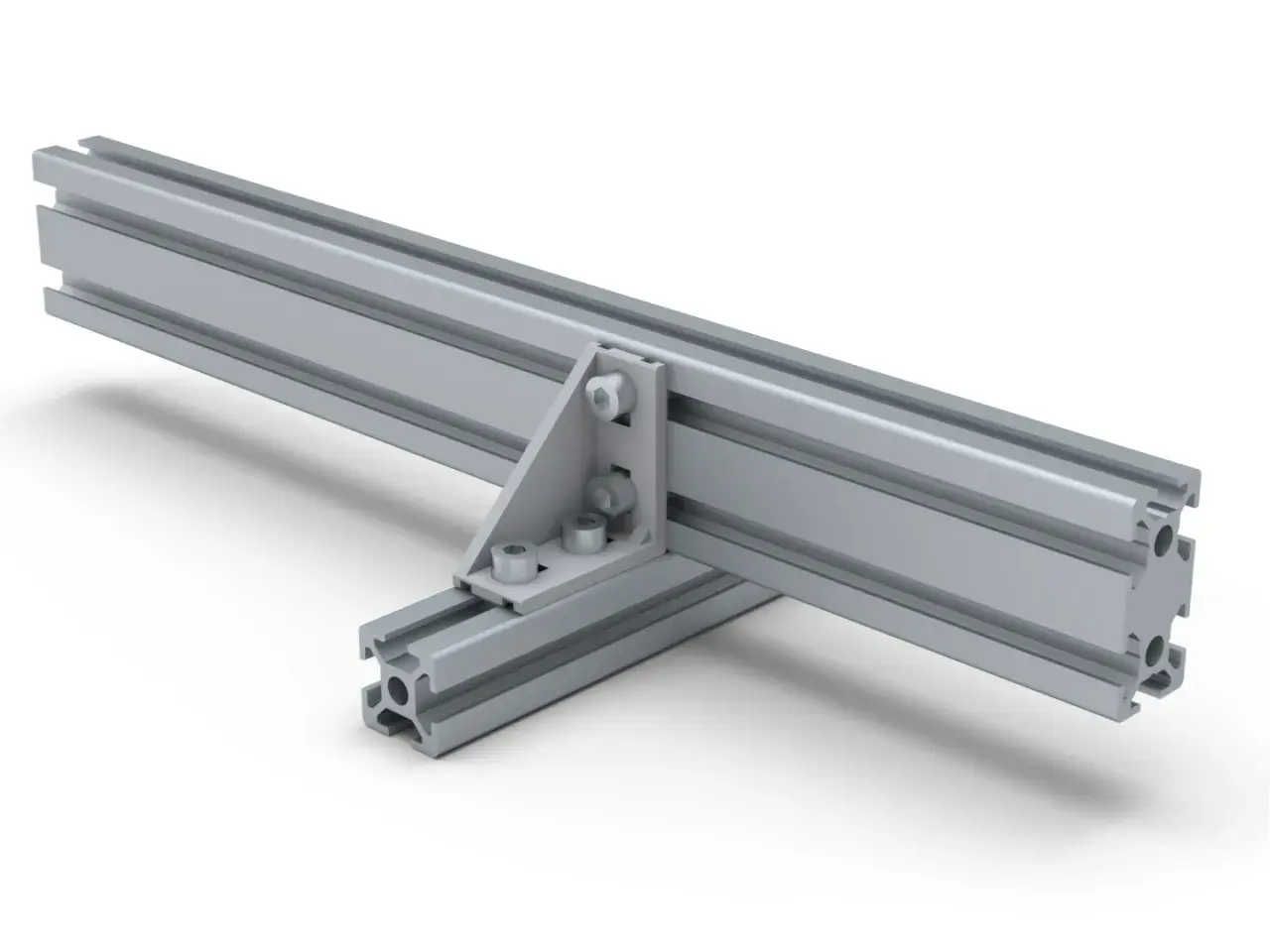 Aluminiowy kątownik uniwersalny łączy dwie profilowane szyny, tworząc stabilną konstrukcję.