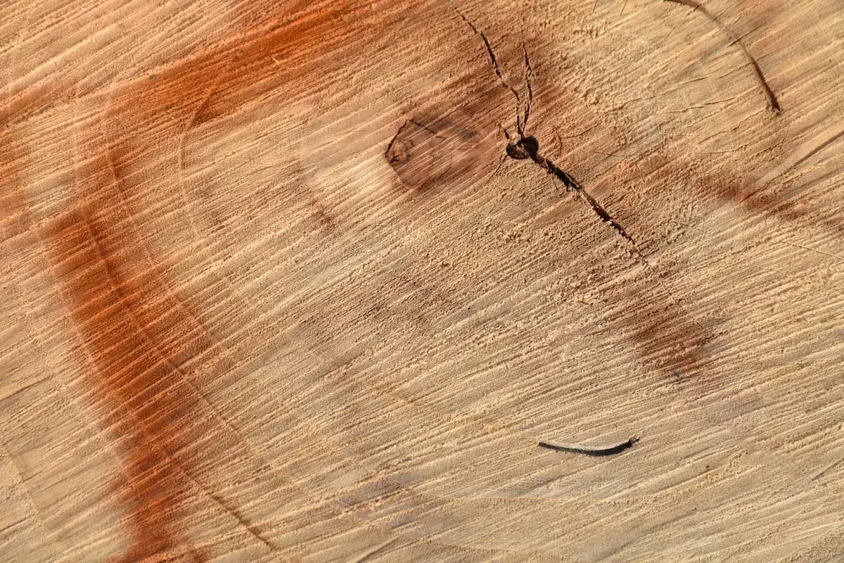 Ciemne plamy na drewnie, widoczne na przekroju pnia, tworzą ciekawe wzory.