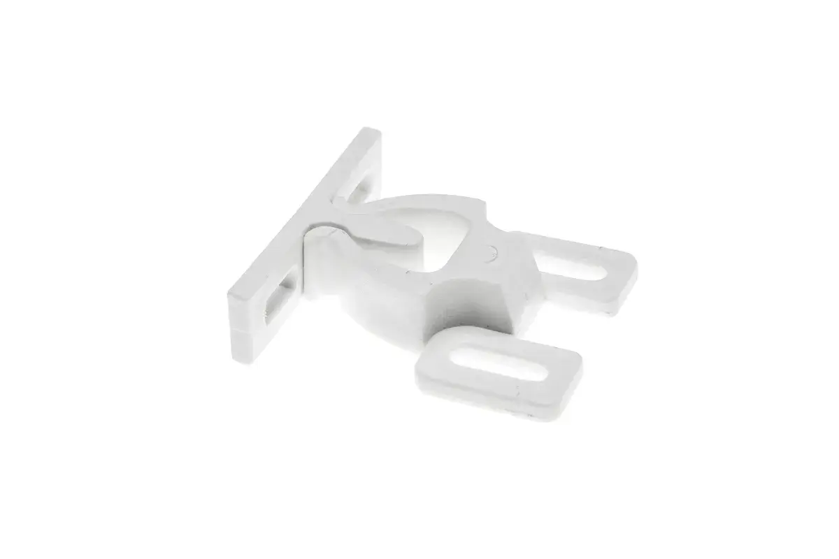 Biały, plastikowy mini latch z dwoma otworami, idealny do drobnych mocowań.