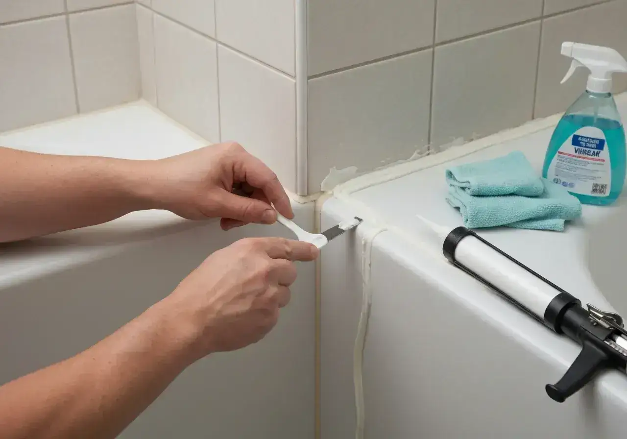 Usuwanie starego silikonu z wanny za pomocą specjalnego nożyka. Obok leży pistolet do silikonu i środek czyszczący.