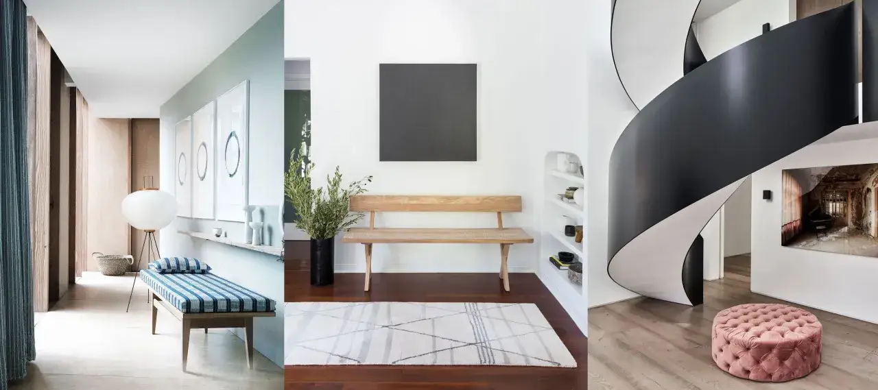 Inspiracje, jak zaaranżować wejście do domu: minimalistyczna ławka, nowoczesne schody, stylowe siedzisko.