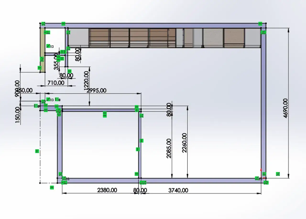 Projekt kuchni z wymiarami. Widoczna szerokość blatu kuchennego 4690 mm i 2995 mm.