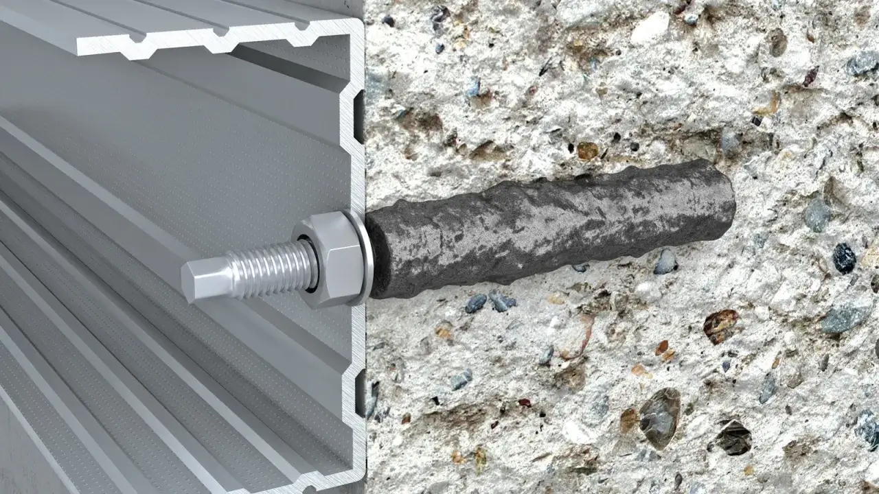 Przekr&oacute;j profilu aluminiowego z widocznym elementem mocującym i kotwą w betonie. Kolki ramowe zapewniają solidne połączenie.
