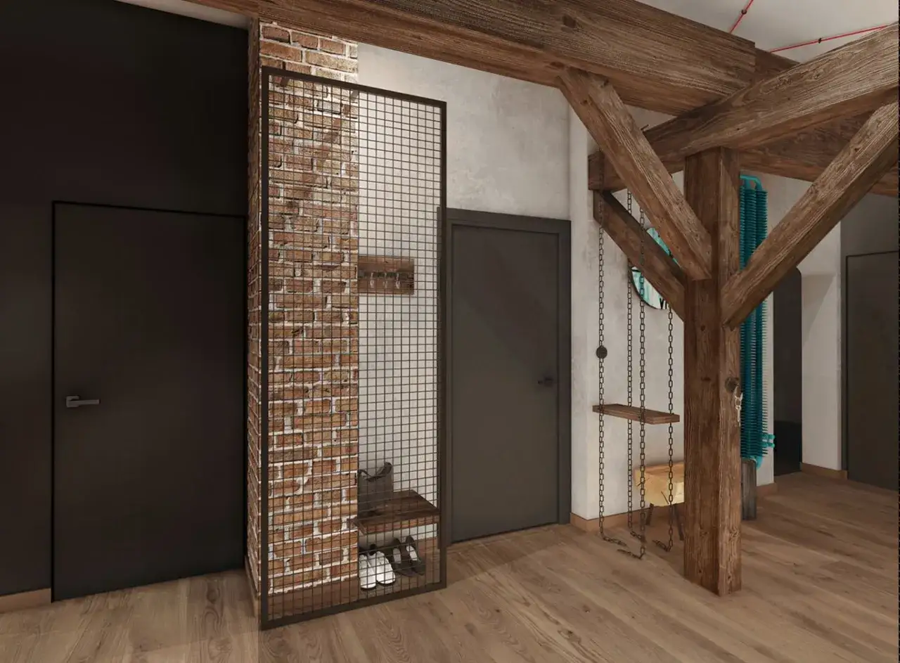 Przedpokój loft inspiracje: ceglana ściana, metalowa siatka, drewniane belki i huśtawka tworzą industrialny klimat.