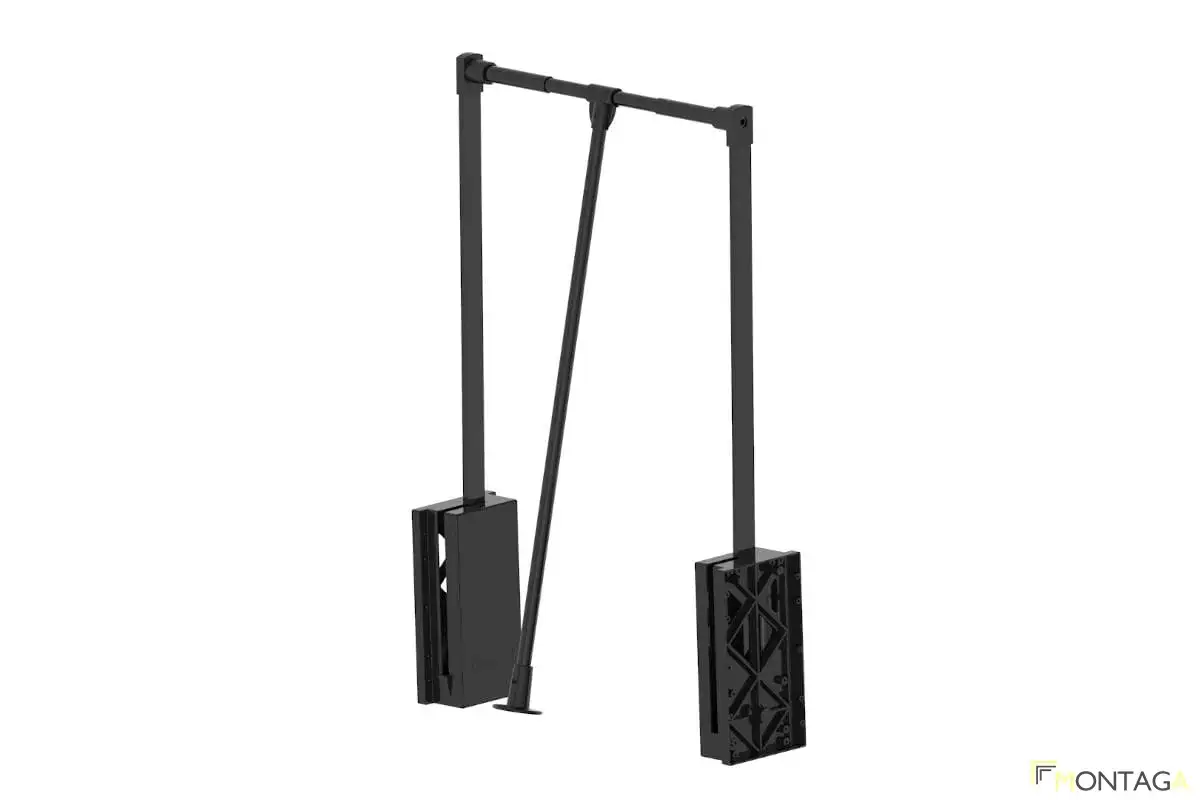 Czarny, metalowy wieszak podwieszany do szafy, z mechanizmem opuszczania.