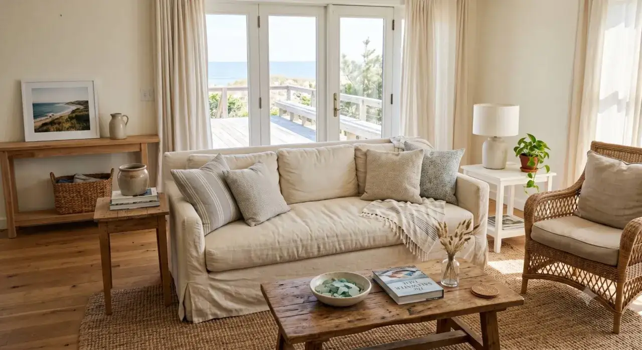 Jasny salon z widokiem na morze, urządzony w stylu coastal. Wygodna sofa, wiklinowy fotel i drewniane meble tworzą przytulną atmosferę.