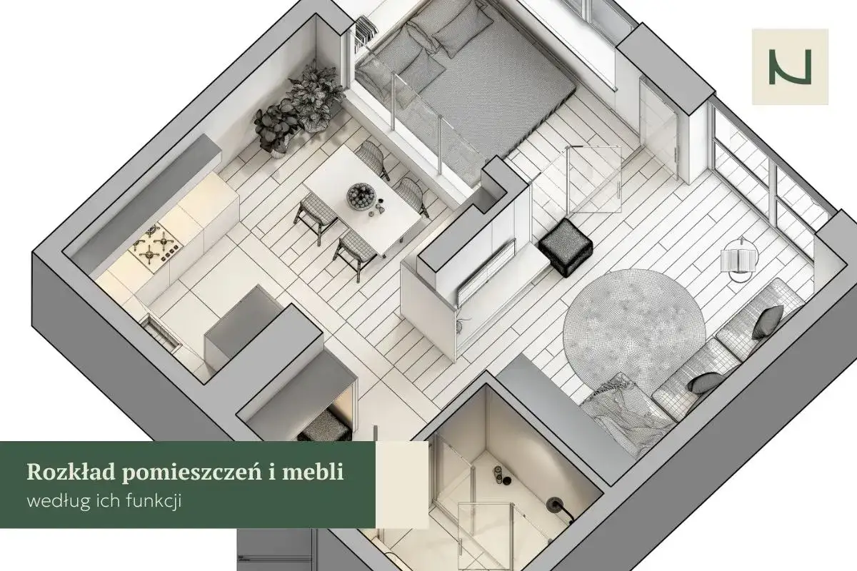 Rozkład mieszkania z kuchnią, jadalnią, sypialnią i salonem. Czego nie lubi feng shui? Zbyt wiele ostrych kąt&oacute;w i brak harmonii.