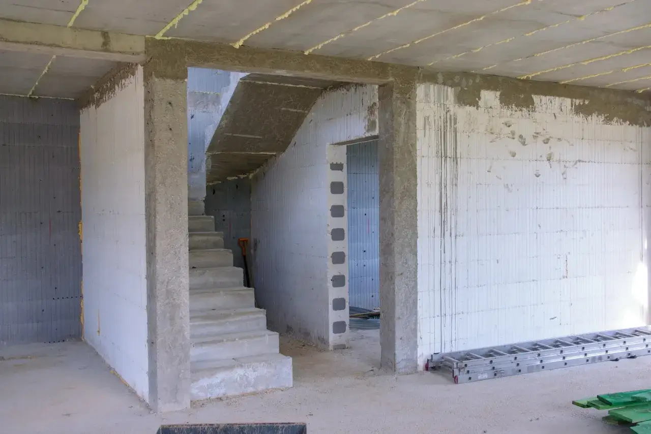 Wnętrze budowy z betonowymi schodami i otwartym przejściem, gdzie drzwi 80 będą pasować idealnie.