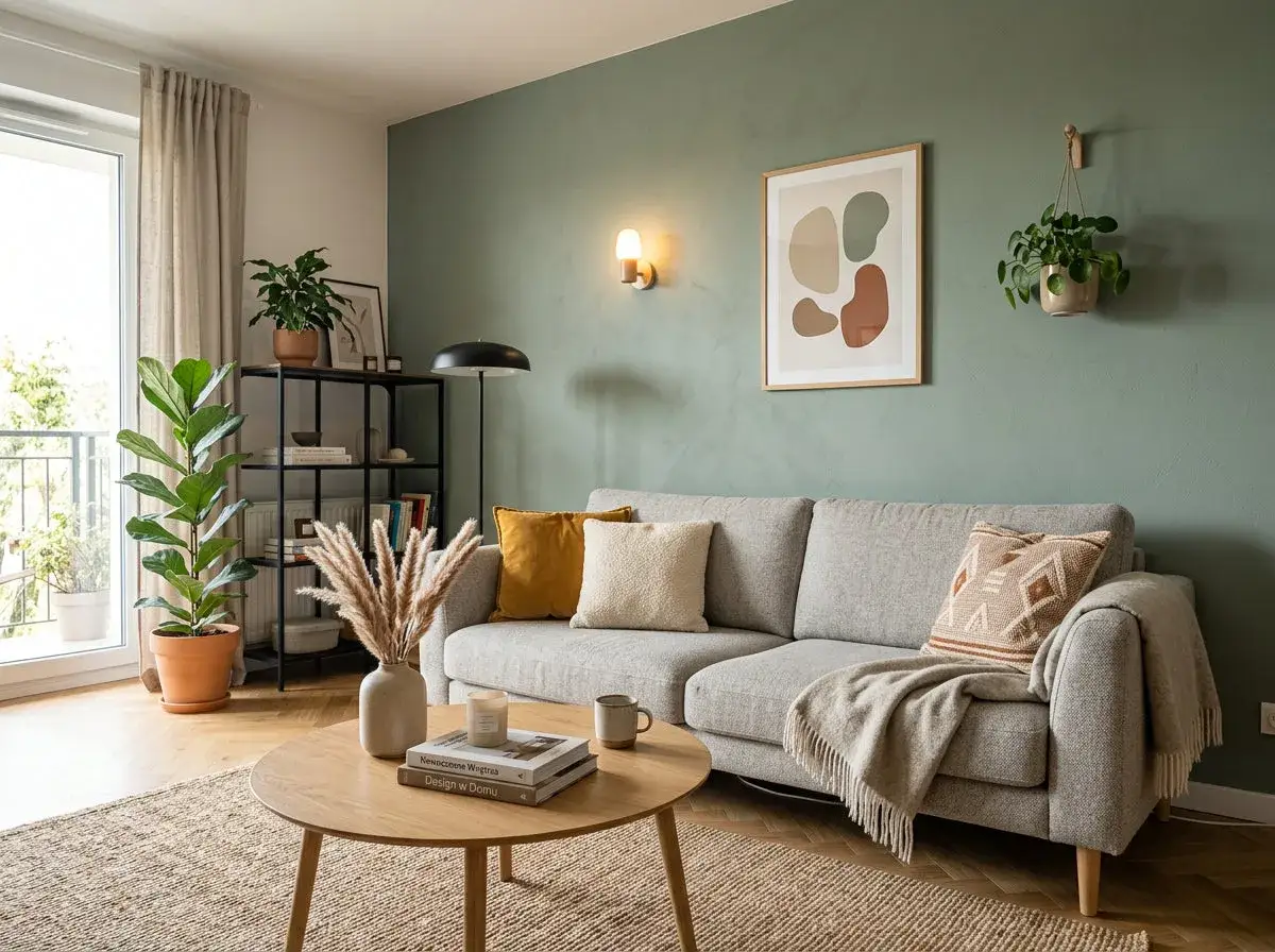 Nowoczesny salon z szarą kanapą, zieloną ścianą i drewnianymi meblami. Inspiracja, jak pomalować salon nowocześnie, by stworzyć przytulną przestrzeń.