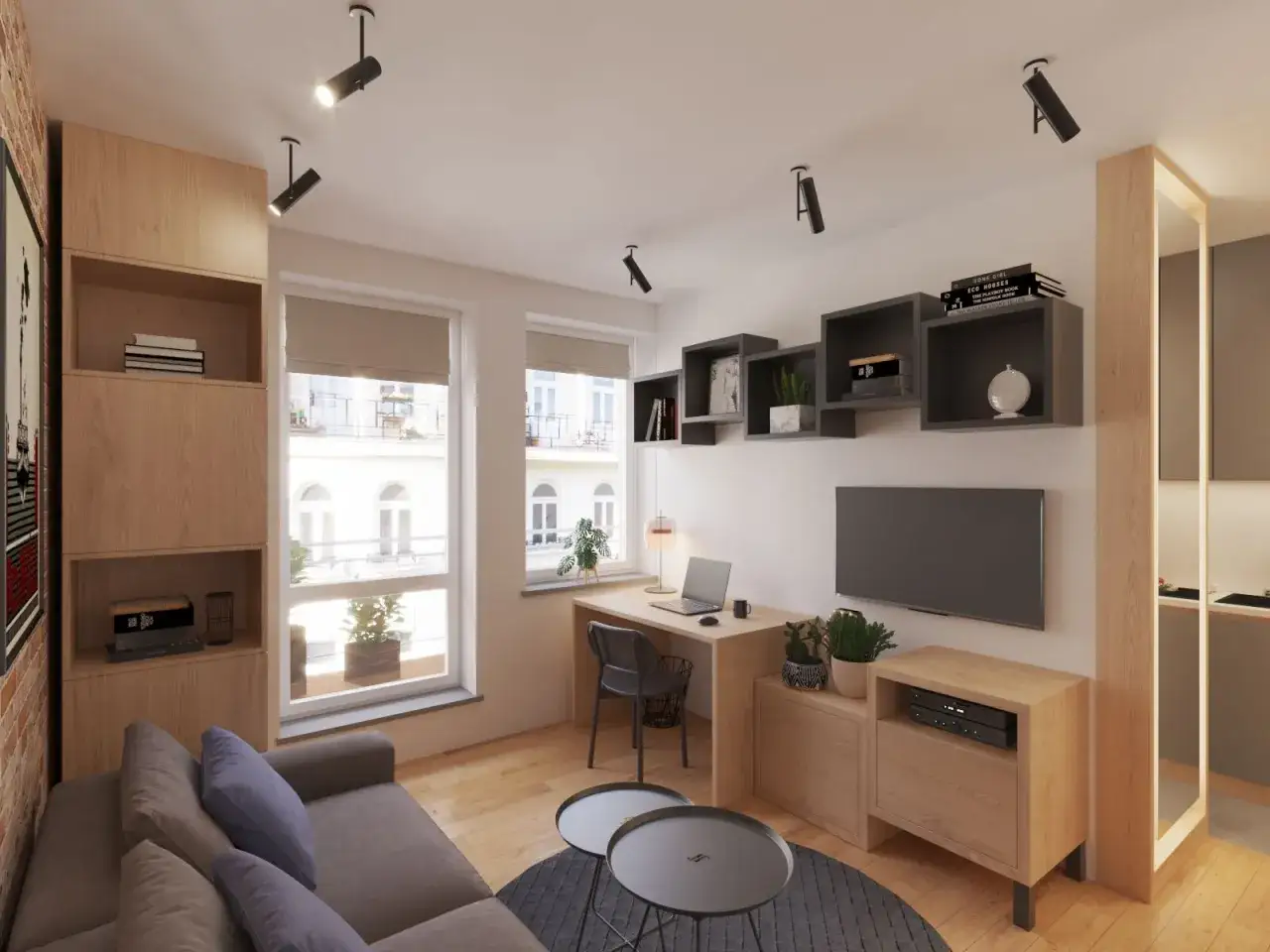 Nowoczesny salon z kącikiem do pracy. Zasady ustawiania mebli w pokoju: sofa, biurko przy oknie, półki i TV.