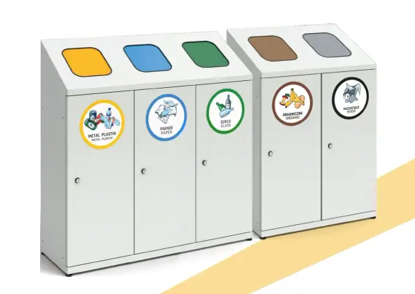 Nowoczesny śmietnik kuchenny z podziałem na frakcje: metal/plastik, papier, szkło, organiczne i pozostałe. Ułatwia segregację odpadów.