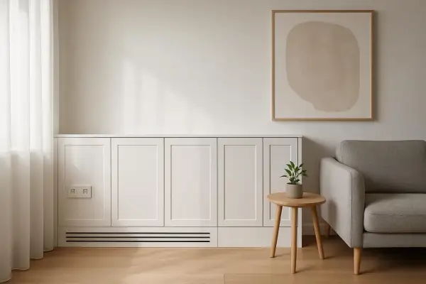 Elegancka zabudowa meblowa to świetny sposób, jak zamaskować rury na ścianie. Minimalistyczny design, jasne kolory i subtelne detale tworzą przytulne wnętrze.