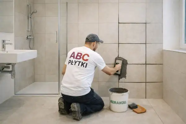 Fachowiec nakłada fugę na płytki w łazience. Zastanawiasz się, po jakim czasie zmywać fugę? Ten obraz pokazuje początek pracy.
