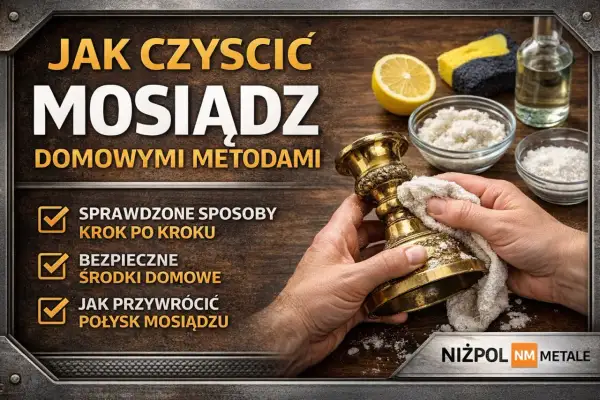 Czyszczenie mosiądzu domowymi metodami. Dłonie polerują ozdobny świecznik, używając ściereczki i domowych środków.