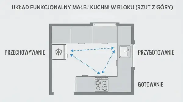 Schemat małej kuchni z podziałem na strefy: przechowywanie (lodówka), przygotowanie (zlew) i gotowanie (kuchenka). Optymalne rozwiązania w kuchni.